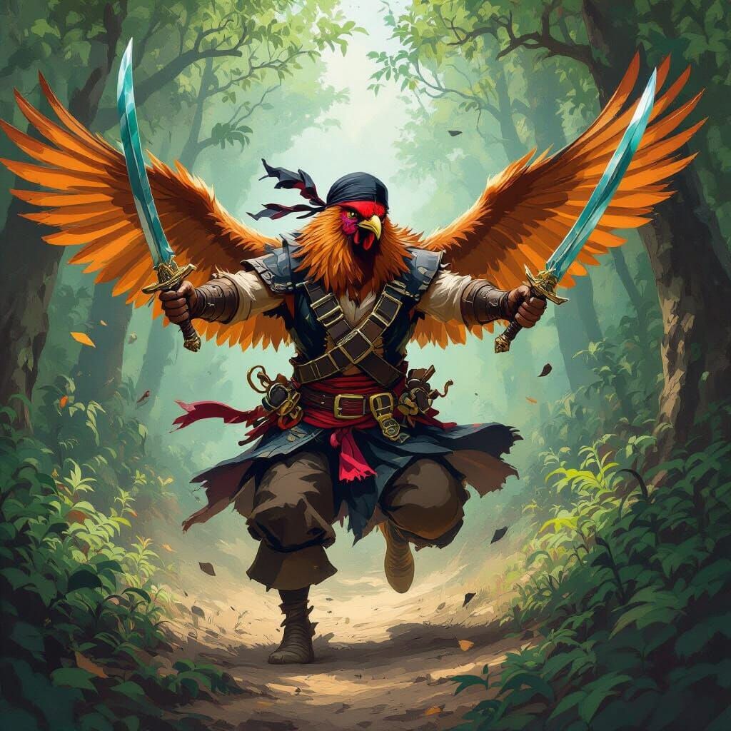 Chicken Pirate Charging into Battle in a Forest