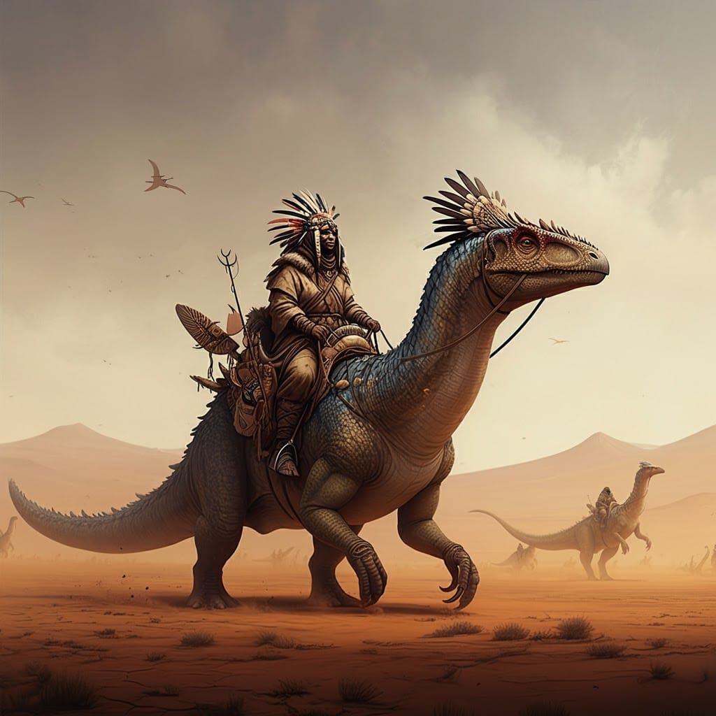 Nomadic Tribe Rides Dinosaur in Surreal Desert