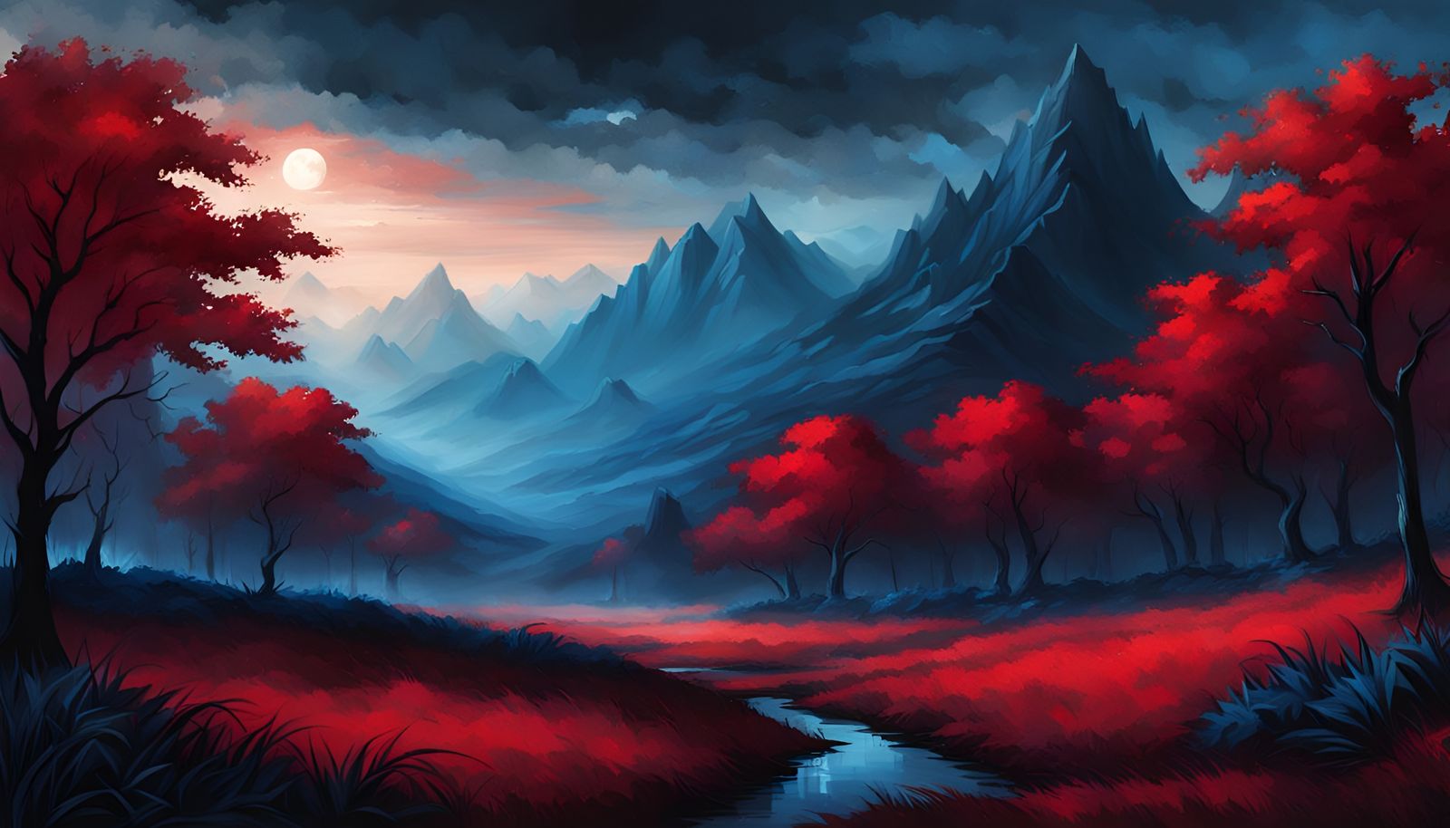 Dark Fantasy Landscape with Red Forest and Blue Grass