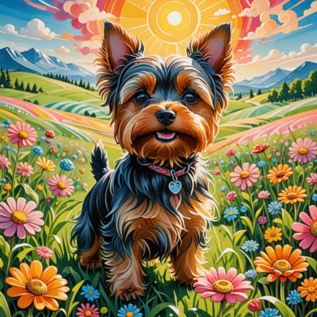Yorkie in Candyland Gouache with Flowers