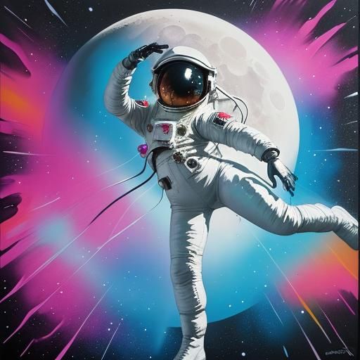 Moonwalking Lady and Astronaut Probe in Graffiti Art