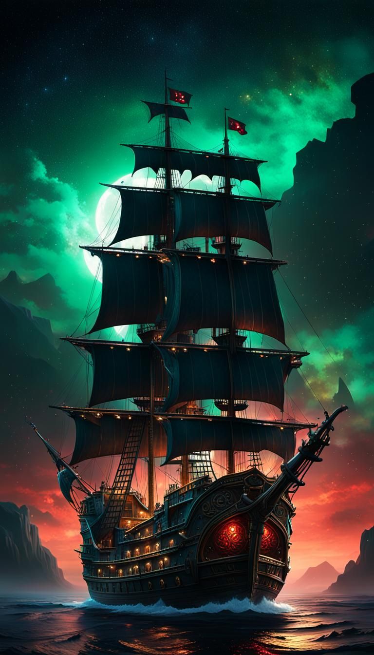Gothic Pirate Ship in Starry Ocean: Fantasy Art