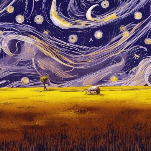 Starry Night Over Whimsical Prairie, Paper Marbling Style