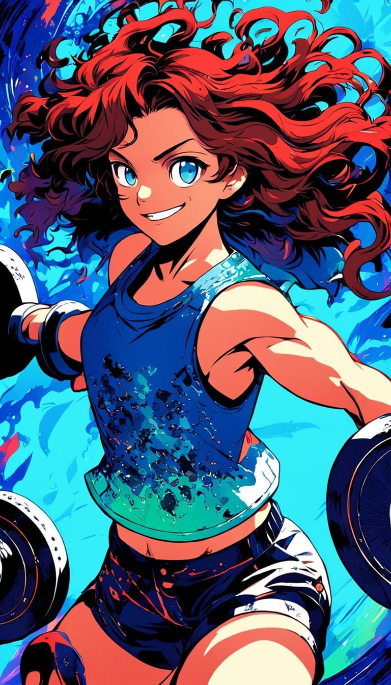 Vibrant Anime Girl Lifting 200kg Weights in Dramatic Flat St...
