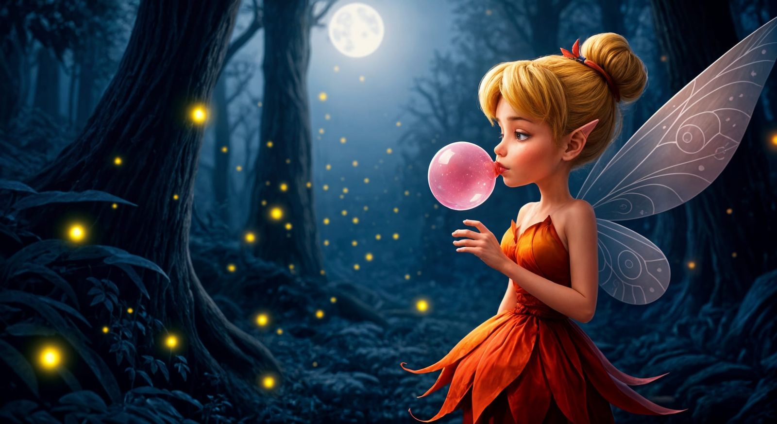 Whimsical Fairy Under Moonlight Blows Bubblegum in Disney-In...