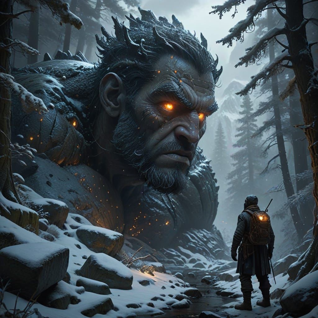 Cyclops Directs Hiker in Snowy Mountains, Jugendstil Paintin...