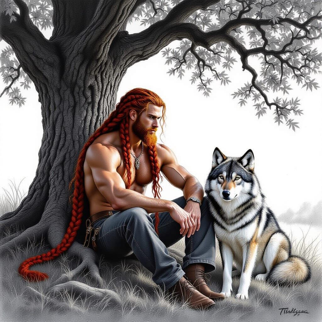 Irish Man and Wolf Under Oak Tree in Pencil Drawing Style