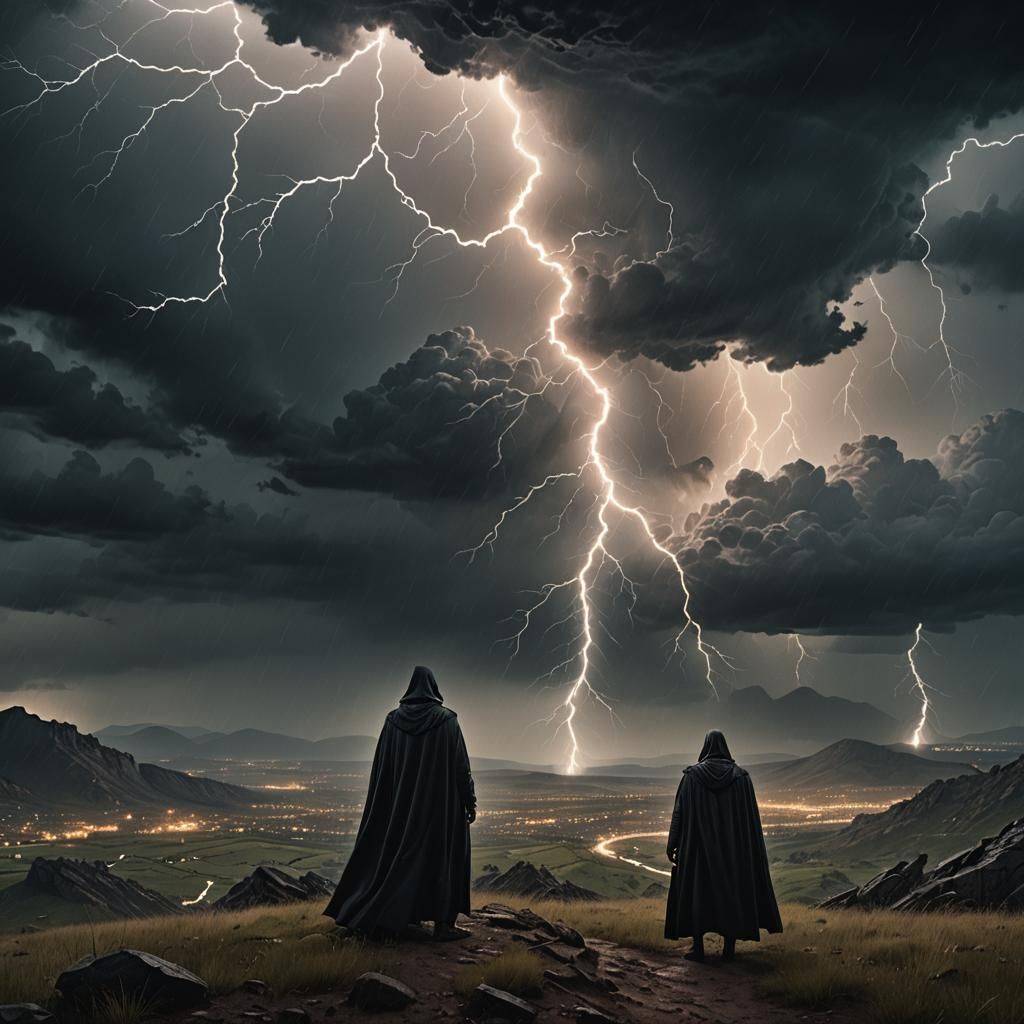 Epic Thunderstorm: Cloaked Figure in Bleak Landscape