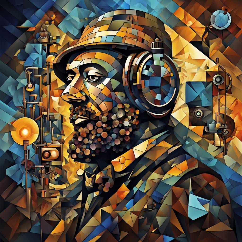 Surreal Steampunk Singer in Geometric Cubist Art