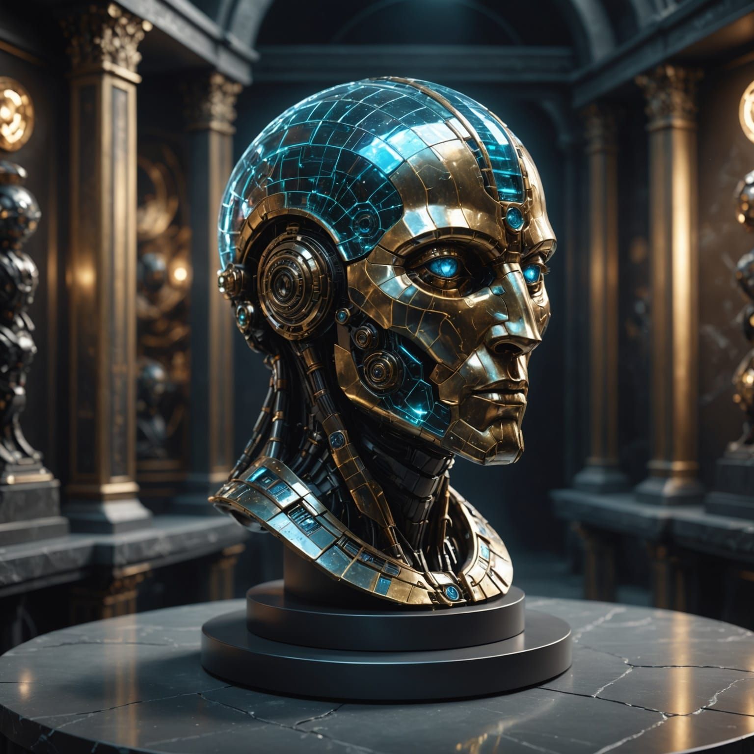 Hologram head of niffertiti in the museum on a stone stand