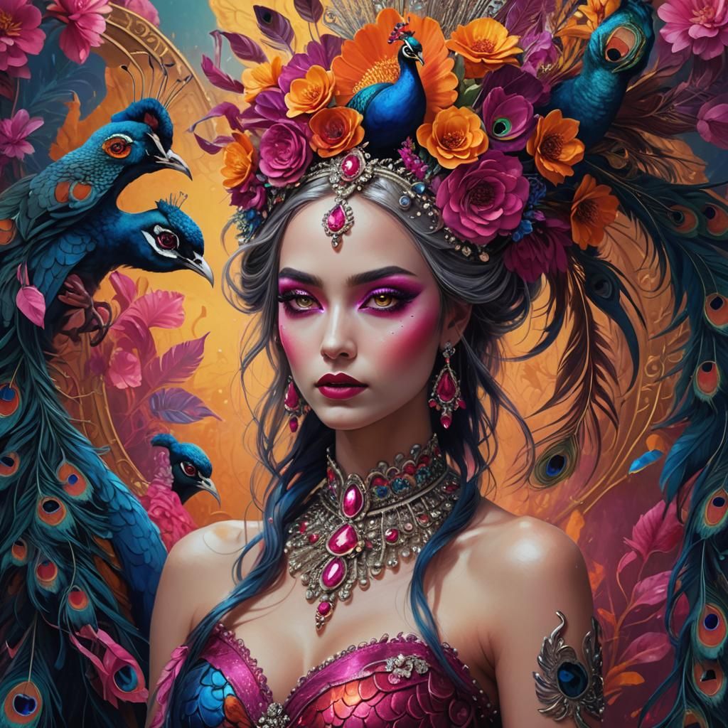 Peacock Haired Woman in Ornate Fantasy Art