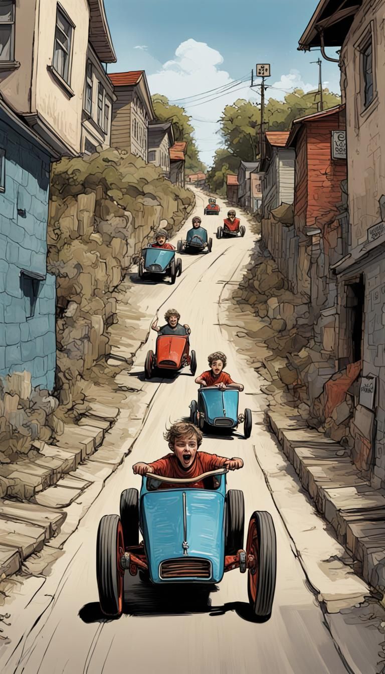 Mischievous Boys Racing Soapbox Cars