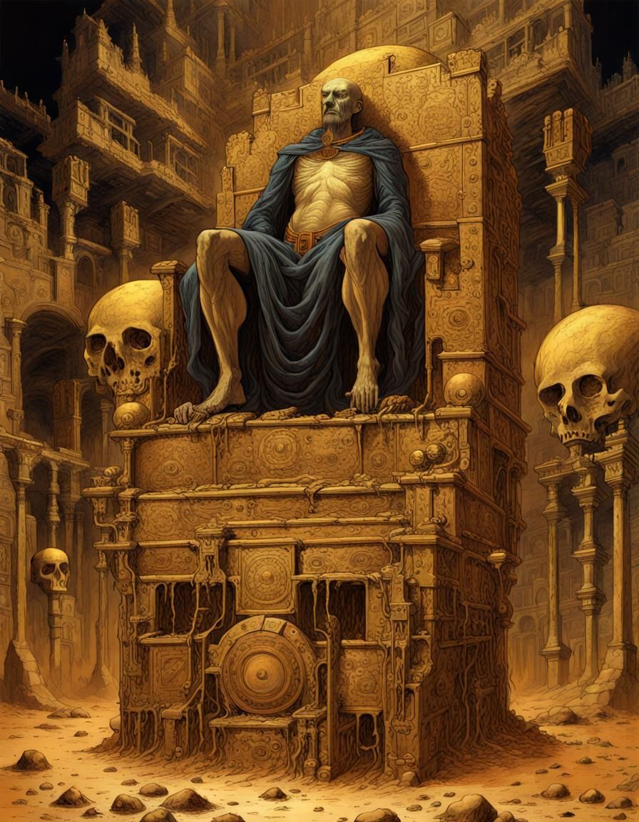 Emperor of Mankind on Golden Throne in Beksinski Style