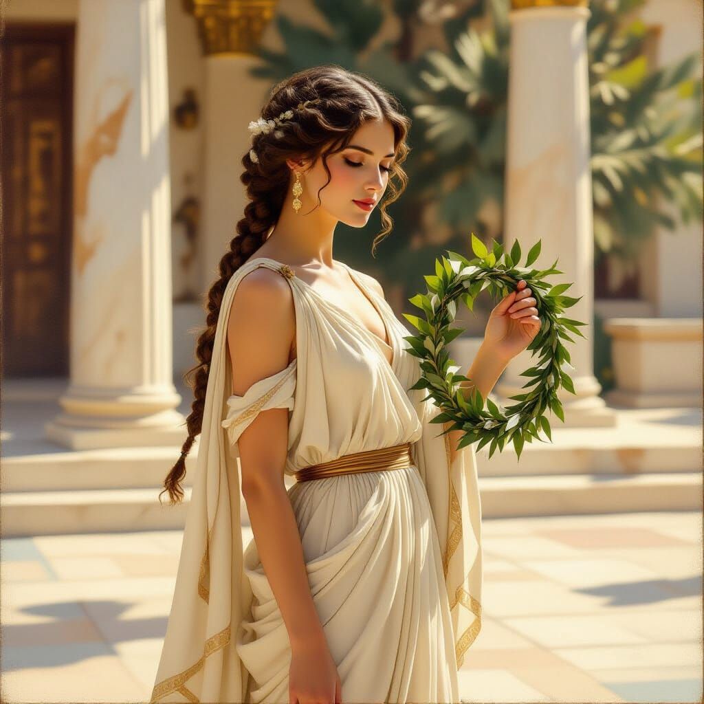 Graceful Woman in Peplos on Ancient Greek Agora