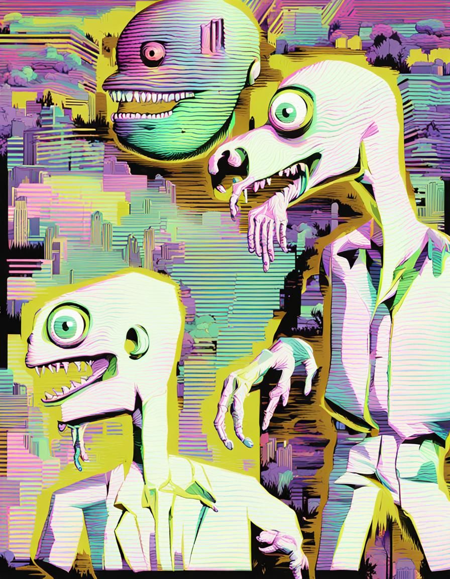 Glitch Horror Movie Scene in Neon Pastel Style