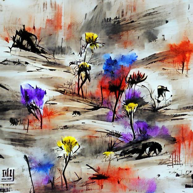 Wildflowers in Modern Ink Painting Style