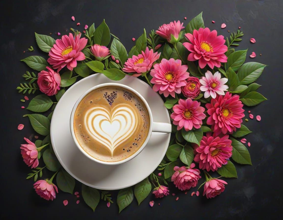 Elegant Pink Flower Arrangement with Coffee and Latte Art