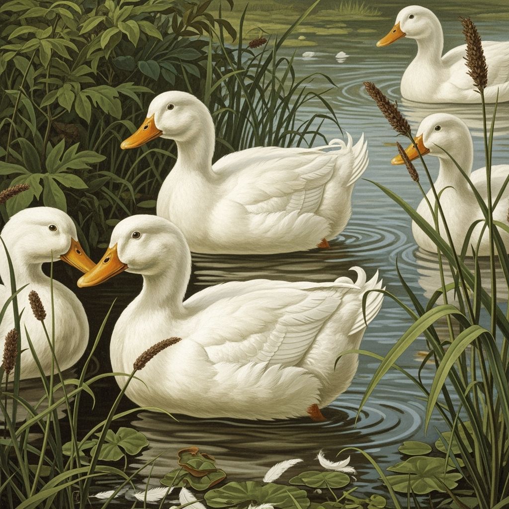 White Ducks by Pond, Naturalist Illustration