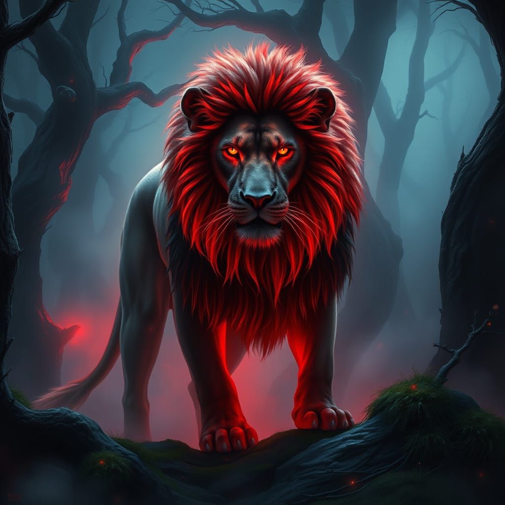 Crimson Lion in Mystical Forest