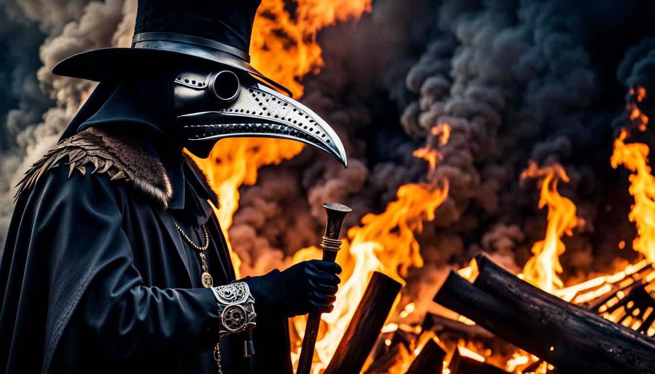 Plague Doctor in Burning Landscape: Hyperrealistic Dark Fant...