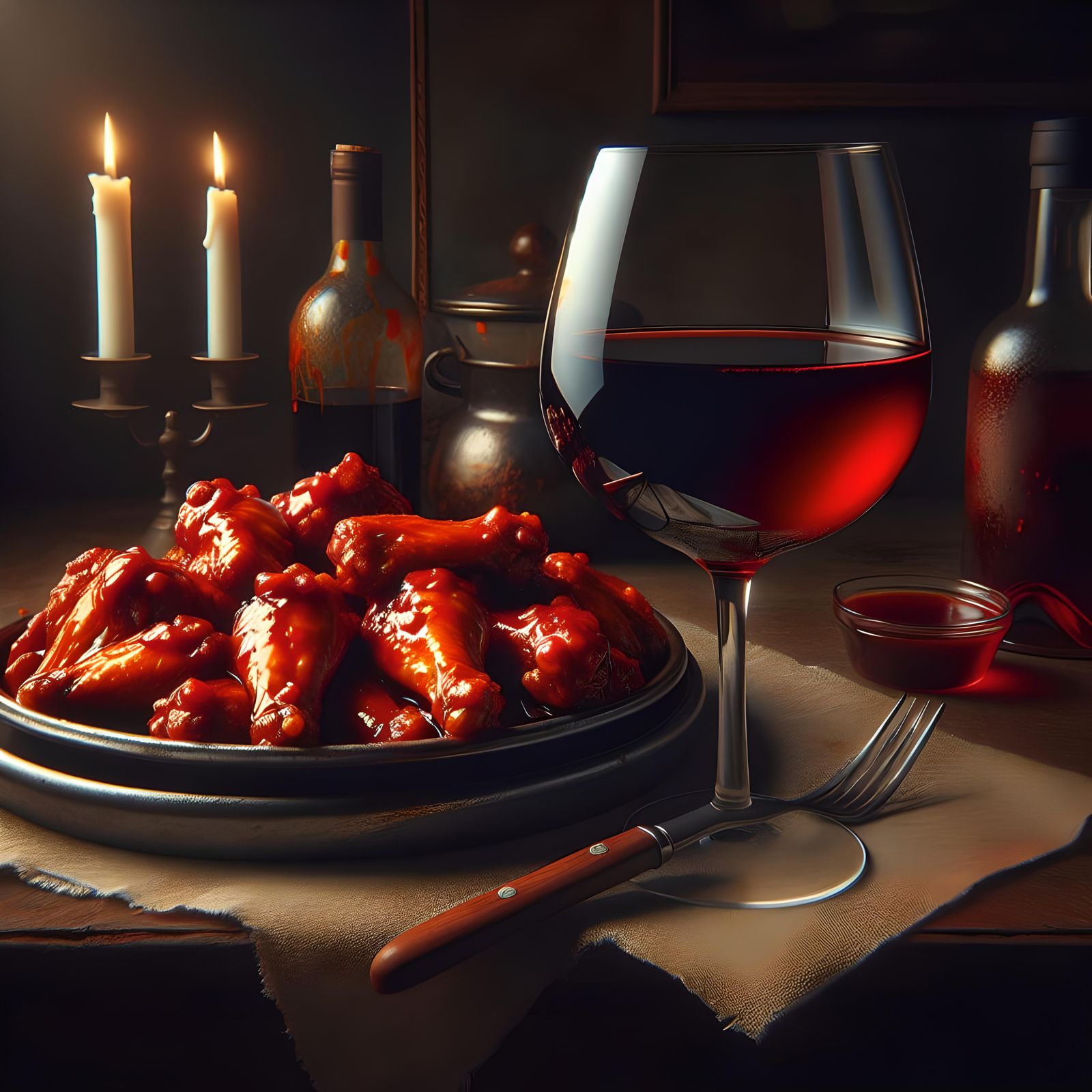 Still Life: Spicy Wings and Red Wine