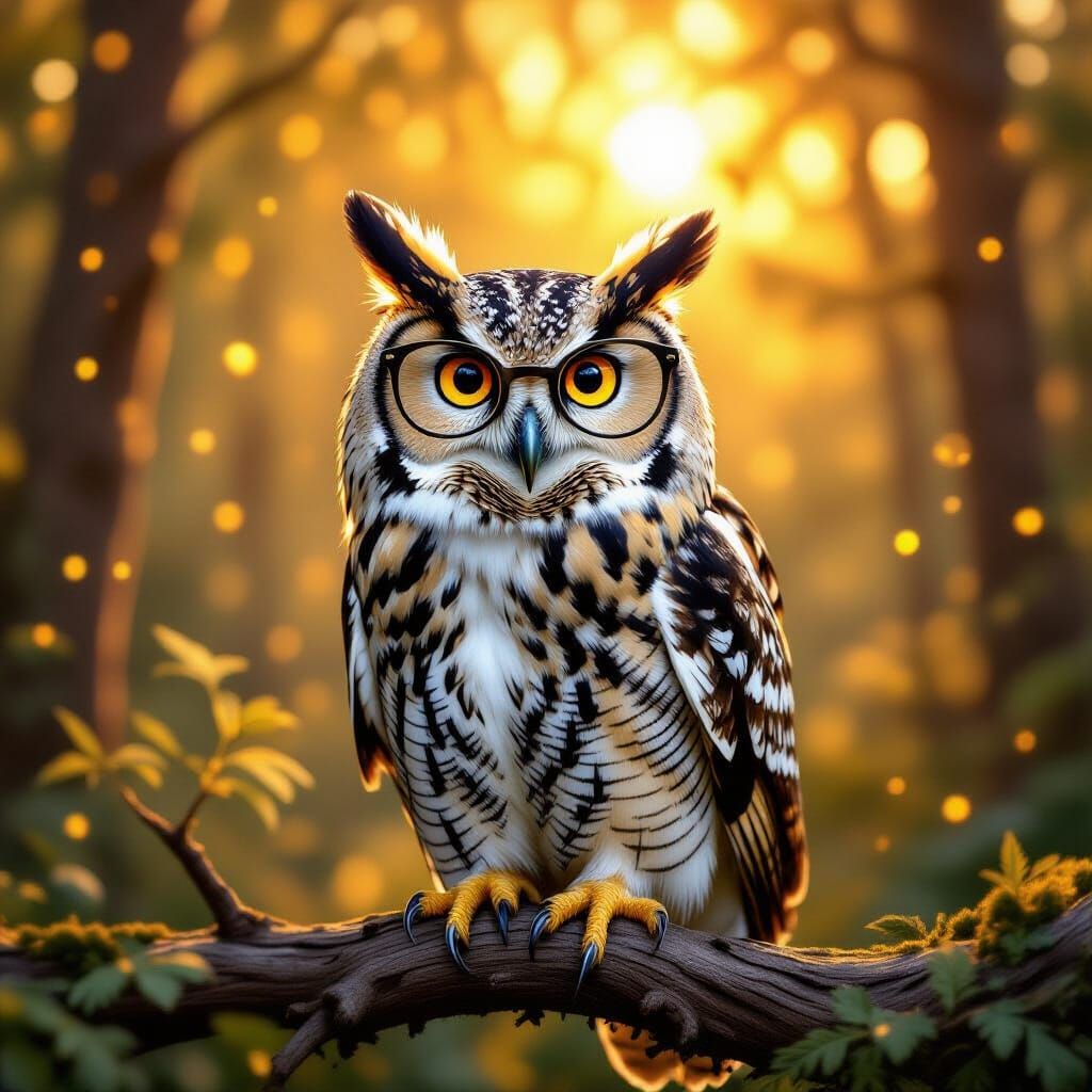 Wise Owl Covered in Whipped Cream in Surreal Forest