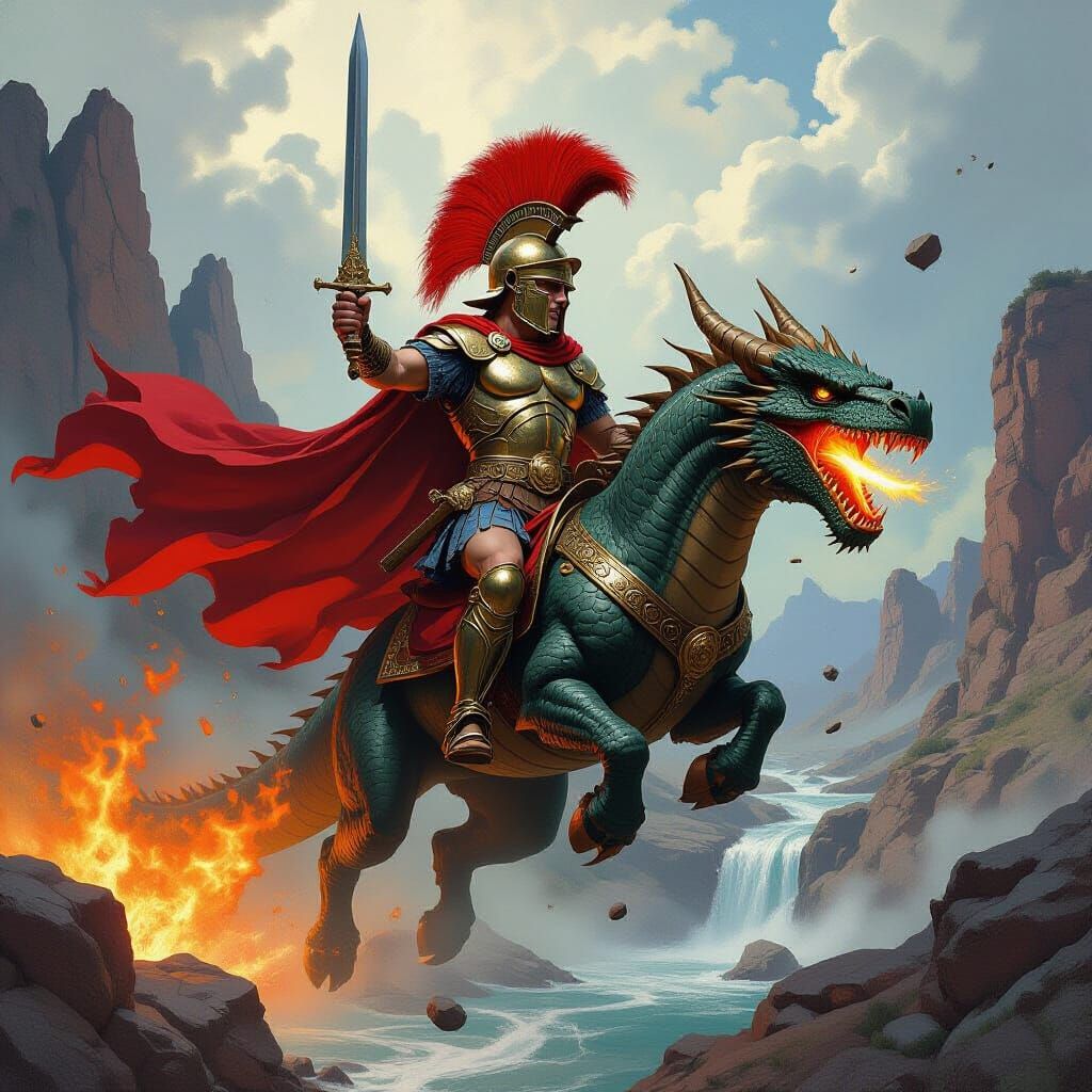 Roman Soldier Rides Dragon in Dramatic Fantasy Art