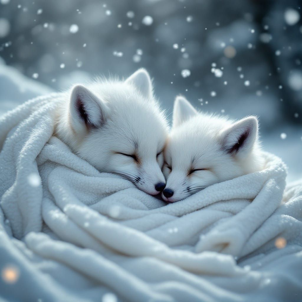 Surreal Fox Family Bundled Up in Blizzard Winter Wonderland