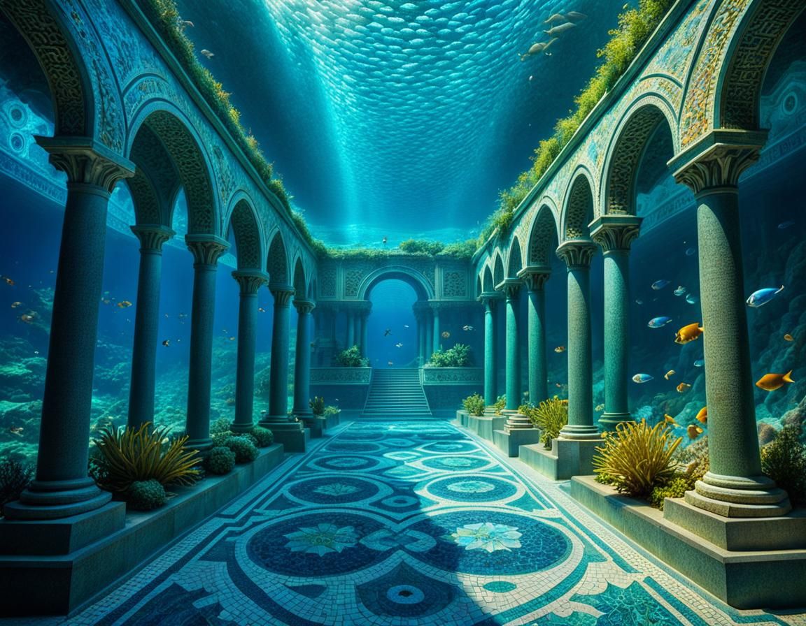 Atlantis Mosaic City with Poseidon in Volumetric Lighting