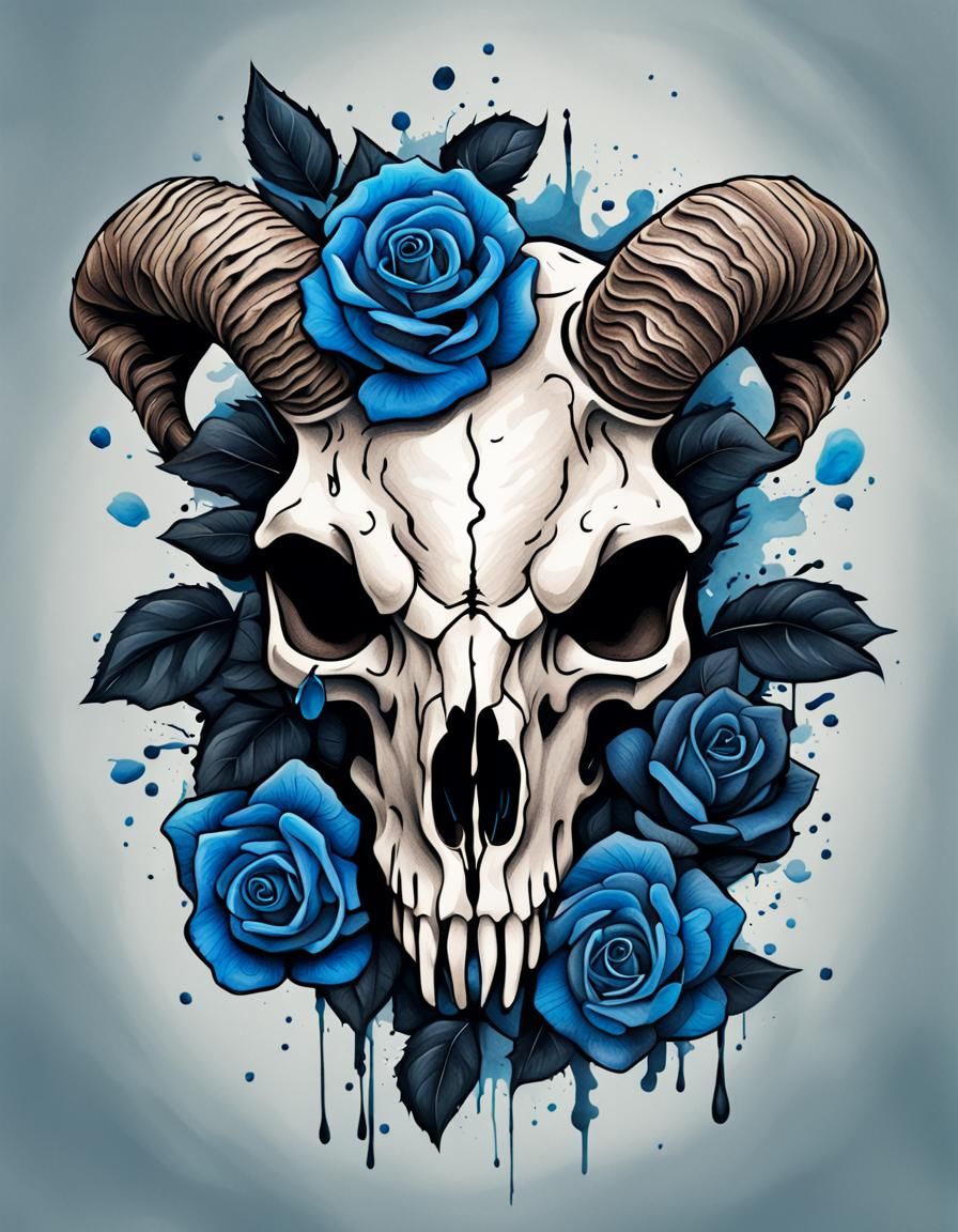 Sheep Skull with Roses in Tattoo Style
