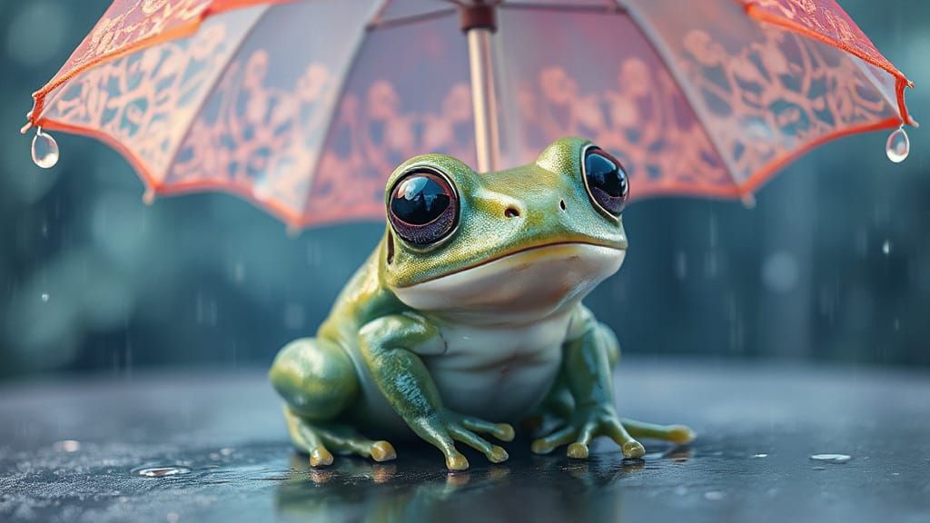 Whimsical Frog Under Rainy Umbrella