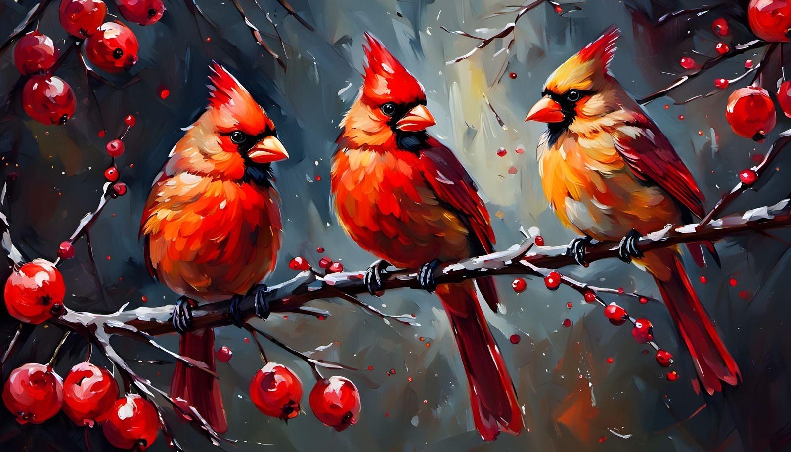 Impressionistic Oil Painting of Two Red Cardinals