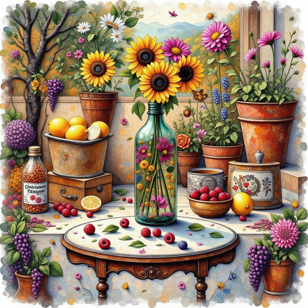 Still Life with Sunflowers as Colorful Collage
