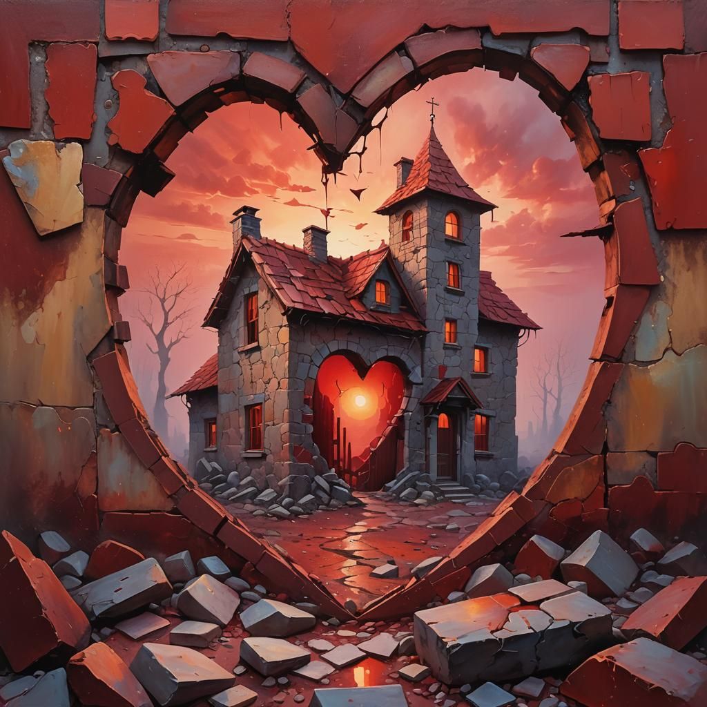 Heart-Shaped Broken House in Mystical Red Mist