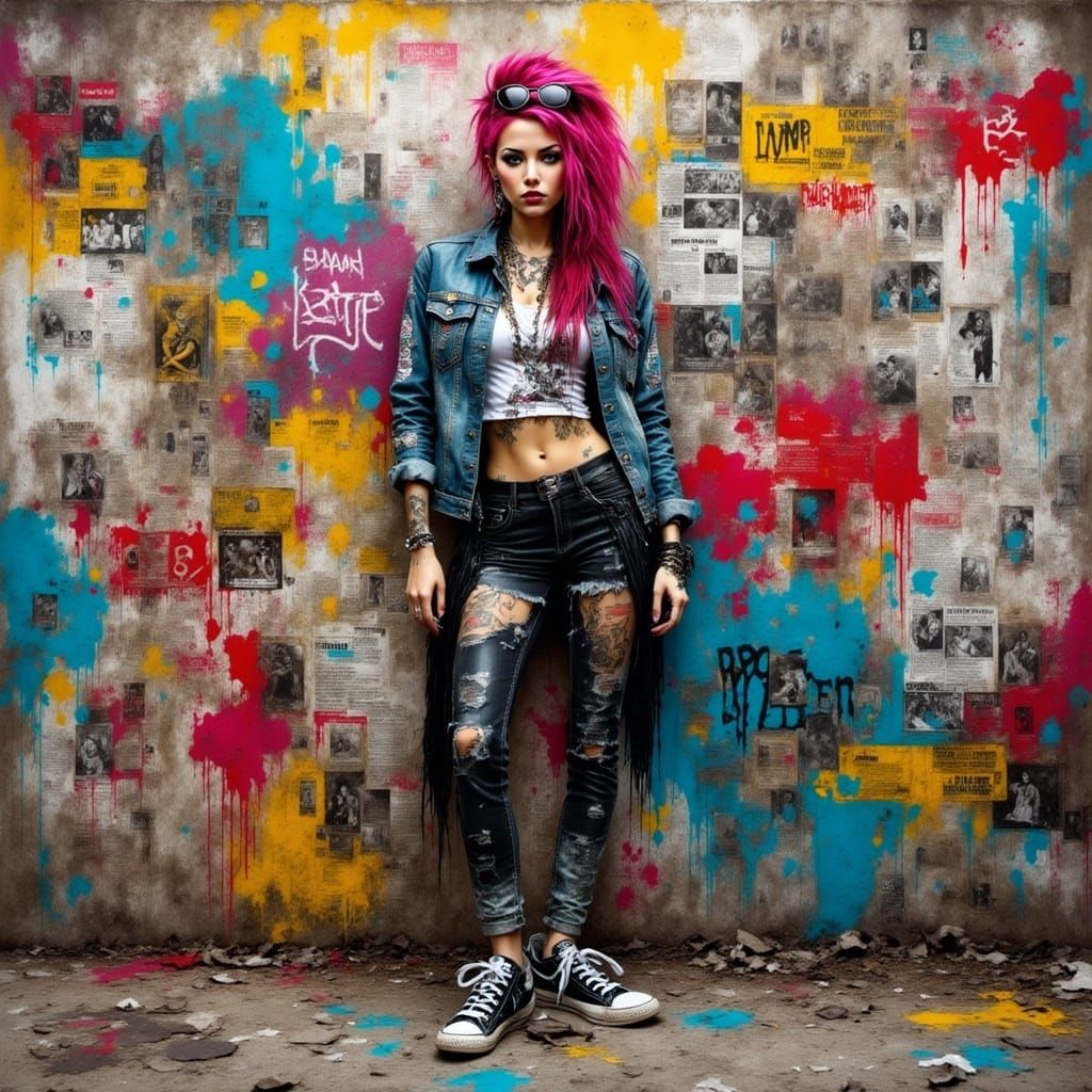 Punk Teen Posing in Front of Graffiti Art