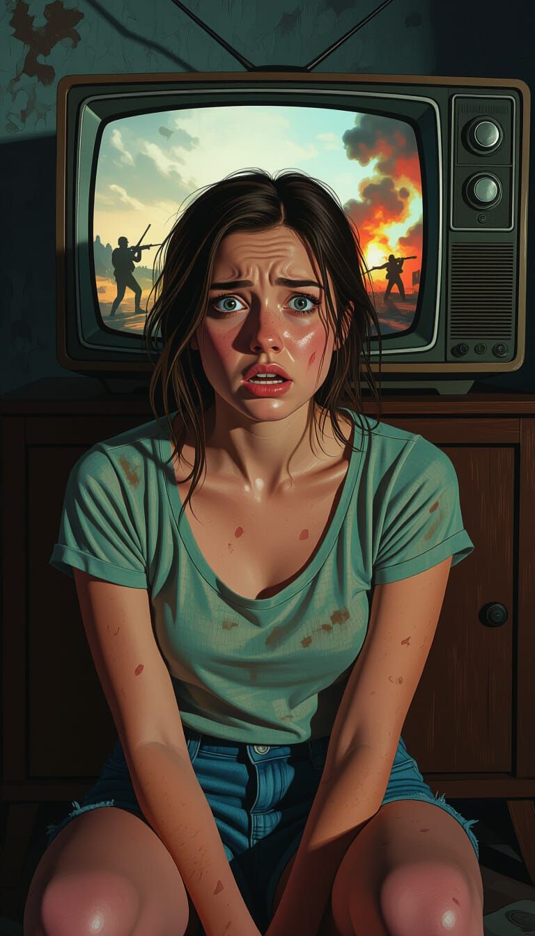 Horrified Woman Watching War, Hyperrealistic Style