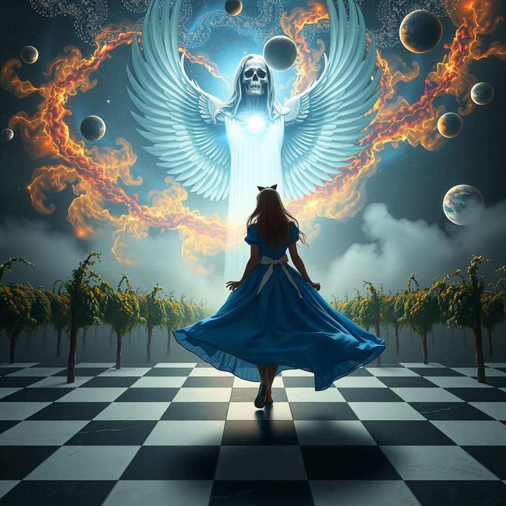 Alice Meets the Angel of Death in a Cosmic Chessboard Scene