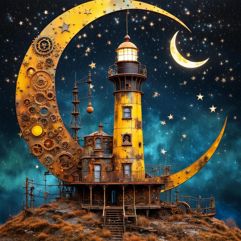 Steampunk Crescent Moon and Lighthouse in Scrapcore Style