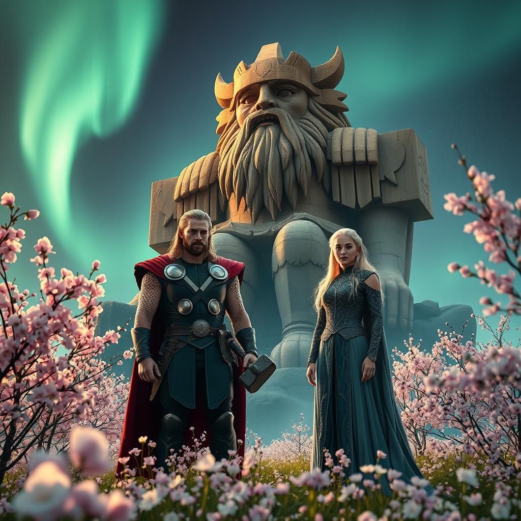 Thor and Daenerys in Cherry Blossom Field