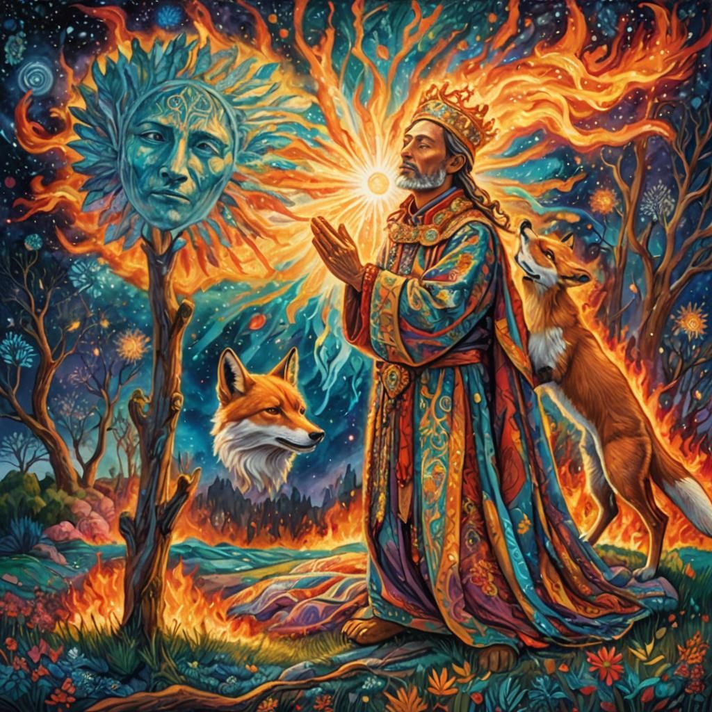 Divine Revelation: Man, Fox, and Burning Bush in Astral Art