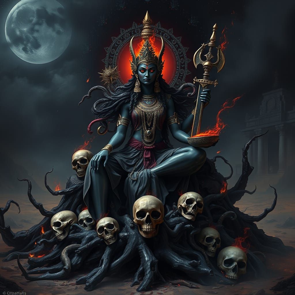 Niritti: Dark Goddess on Bone Throne in Dreamy Realism