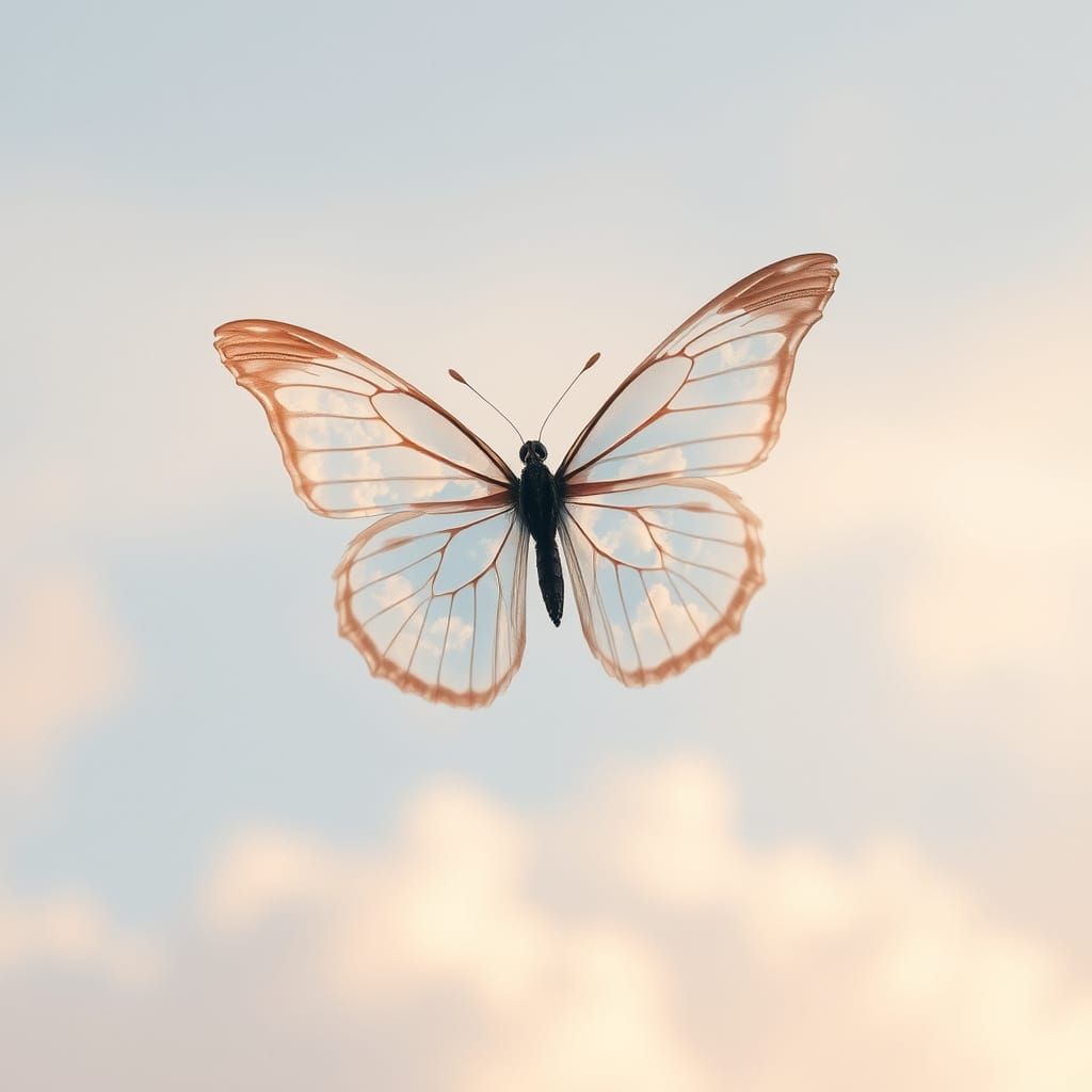 Ethereal Butterfly in Flight with Sky Reflection