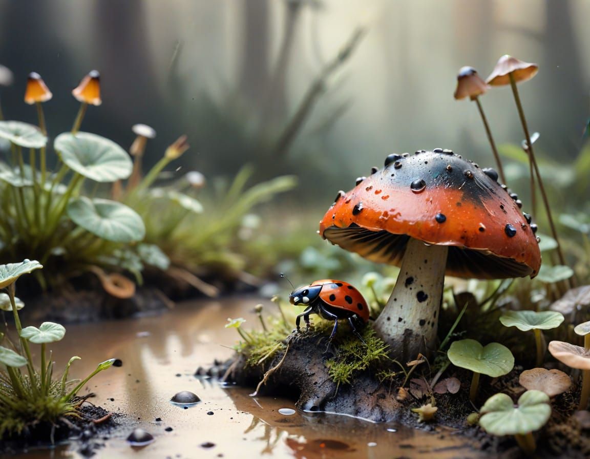 Watercolor Ladybug on Mushroom in a Forest Scene