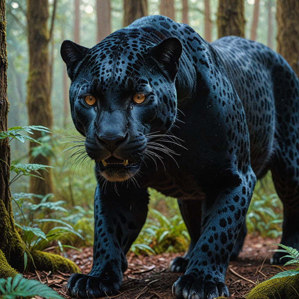 Eldritch Jaguar Emerges from Fiery Forest Haze in Cyberpunk....