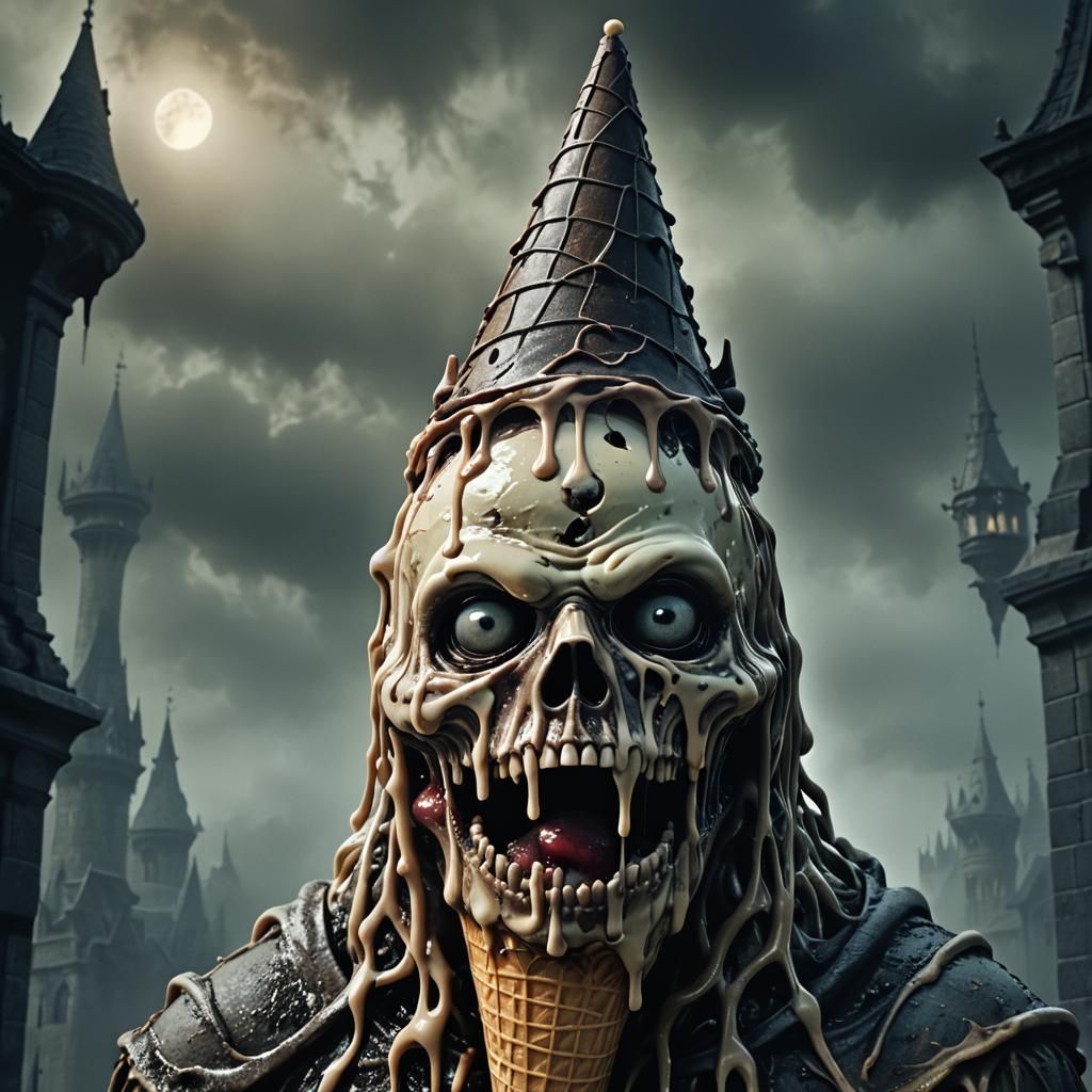 Surreal Melting Ice Cream Creature in Gothic Horror Style