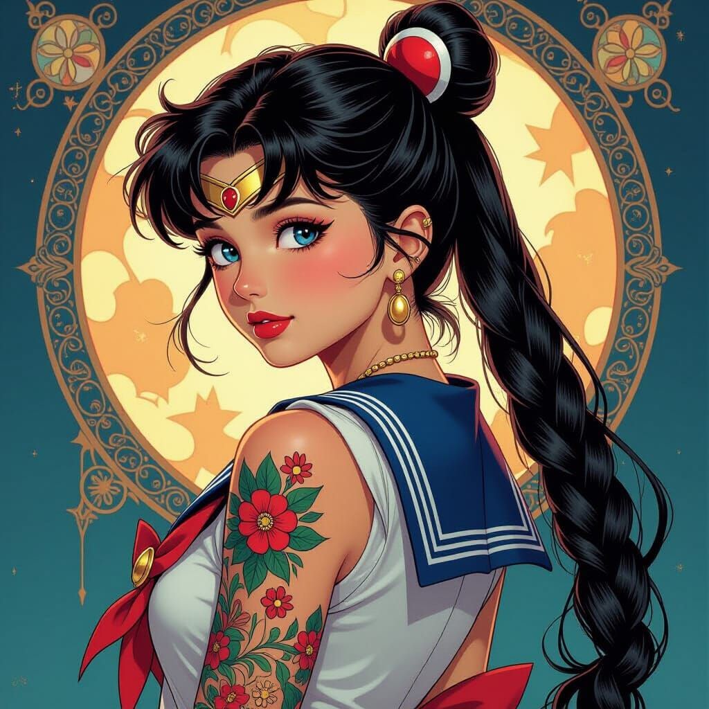 Sailor Moon Tattooed Girl in Photorealistic Splash Art
