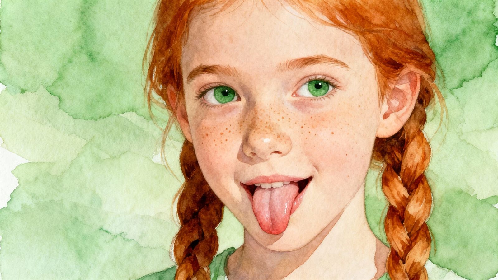 Cheeky Ginger Girl Poking Tongue in Watercolour