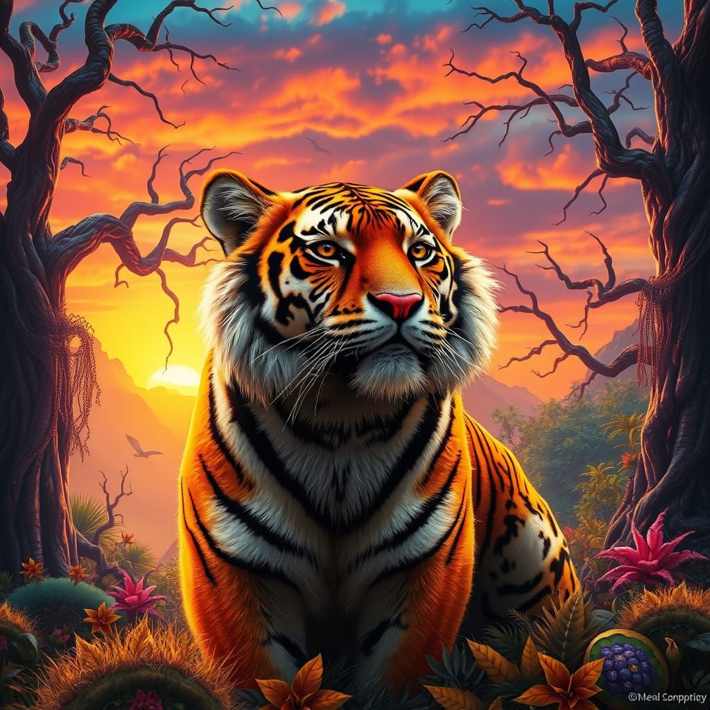 Mystical Sunset Realm with Majestic Tiger