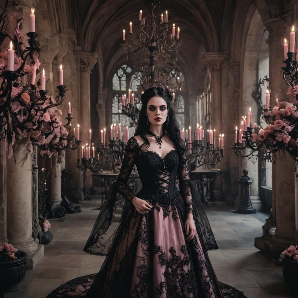 Pastel Goth wedding 
Pink and black gothic castle background