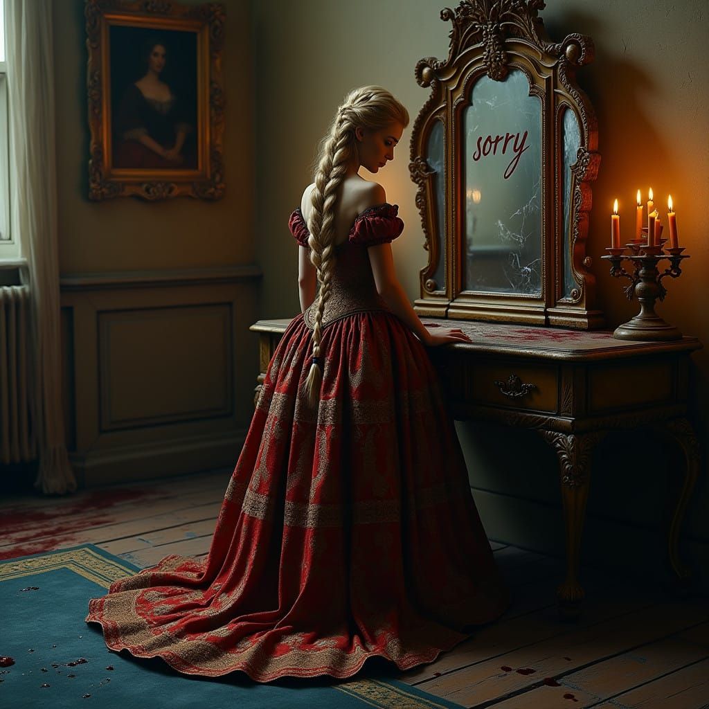 Golden Goddess in Crimson Ball Gown Reflects on Shattered Pa...